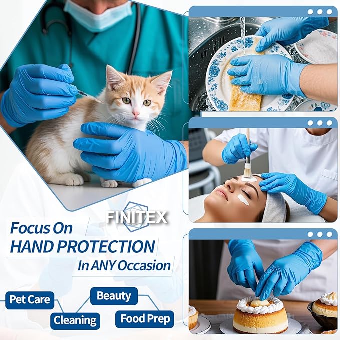 FINITEX Blue Disposable Nitrile Exam Gloves - 200 PCS/BOX 3.5mil Rubber Powder-Free Latex-Free Medical Cleaning Food Gloves