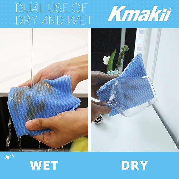 KMAKII Reusable Heavy Duty Cleaning Cloths – Multi-Purpose Dish Towels & Wipes for Kitchen & Home, Super Absorbent, 12 x 12 in (30 x 30 cm), Blue, 50 Pack