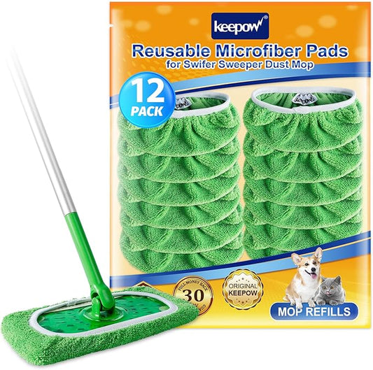 KEEPOW Reusable Wet Pads Refills Compatible with Swiffer Sweeper Mop, Dry Sweeping Cloths, Microfiber Wet Mopping Cloths for Hardwood Floor Cleaning, 12 Pack (Mop is Not Included)