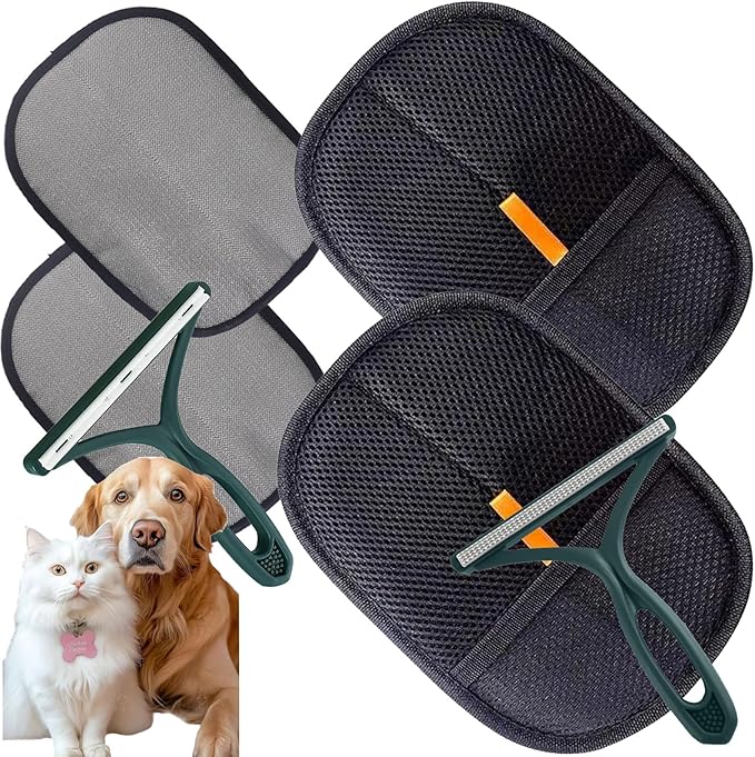 2-Pack Pet Hair Removal Gloves with A Hair/Lint Removal Tool – Remove Cat/Dog Fur from Clothing, Furniture, Car Seats, Bedding & Carpet – Reusable & Washable Lint Hair Remover for Pet Owners