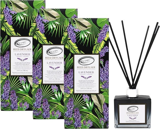 Air Jungles Lavender Scent Reed Diffuser Set with Sticks 3.4 fl oz (Pack of 3), Long-Lasting Essential Oil Air Freshener for Bathroom, Office, Gym, and Bedroom Fragrance Freshener