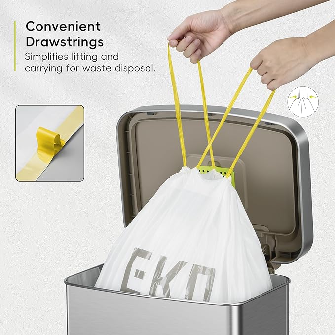 EKO 21 Gallon / 50-90 Liter,110 CountDrawstring Trash Bags, Extra-Strong Unscented Garbage Bags, Easy-Dispense Roll for Kitchen & Household Use, Resists Tears, Leaks and Punctures, Code G, White