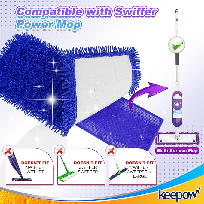 KEEPOW Power Mop Refills for Swiffer - Power Mop Reusable Pads Compatible with Swiffer PowerMop Multi-Surface Mop Kit for Floor Cleaning, Microfiber Washable Mop Pads for Wet&Dry Mopping (2 Pack)