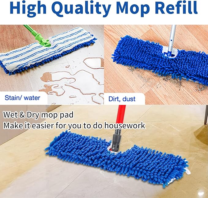 4 Pack Mop Heads Replacements Compatible with O-cedar Dual-Action Flip Mop, Chenille + Microfiber Mop Refills for Dry/Wet Use, Reusable and Machine Washable Dust Mop Cloths for Hardwood Floor Cleaning