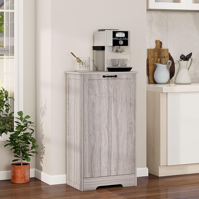 Tilt Out Trash Can Cabinet, Wooden Dog Proof Trash Can Cabinet Laundry Hamper, Hidden Large Recycling Bins for Kitchen, Living Room, Bathroom, Wash Grey