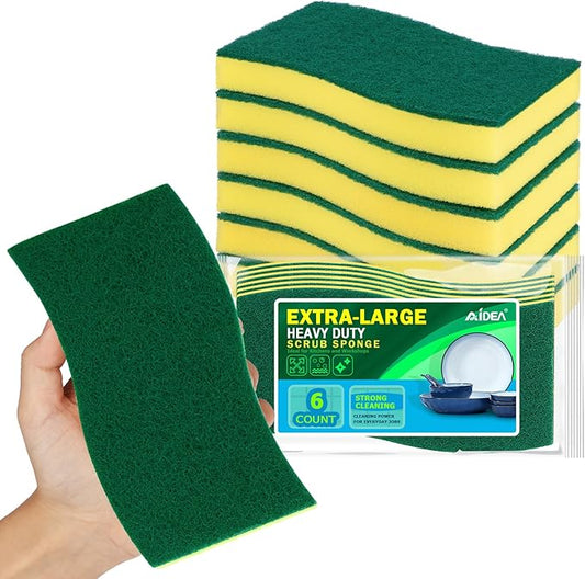 AIDEA Sponges Kitchen, XL Heavy Duty Dish Sponge, Cleaning Dish Scrubber Sponge for Home and Kitchen, Extra Large Cleaning Supplies for Pots, Pans, 6 Pack