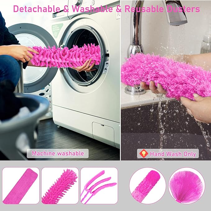 ThinkLearn Microfiber Dusters for Cleaning,14PCS Feather Dusters with Extension Pole,Bendable Washable and Extendable Duster for High Ceilings, Fans and Blinds House Cleaning Kit Pink Gift for Women