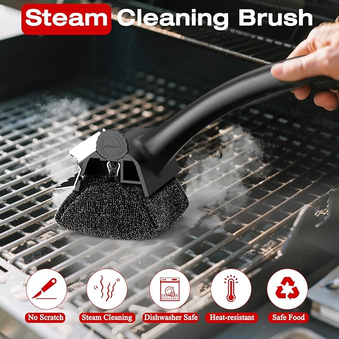 Grill Brush for Outdoor BBQ - Replaceable Bristle Free Heading and Reinforced Scraper - Safe BBQ Brushes for Porcelain/Gas/Charcoal/Smoker/Cast Iron Grill - Cleaning Brush(Black)