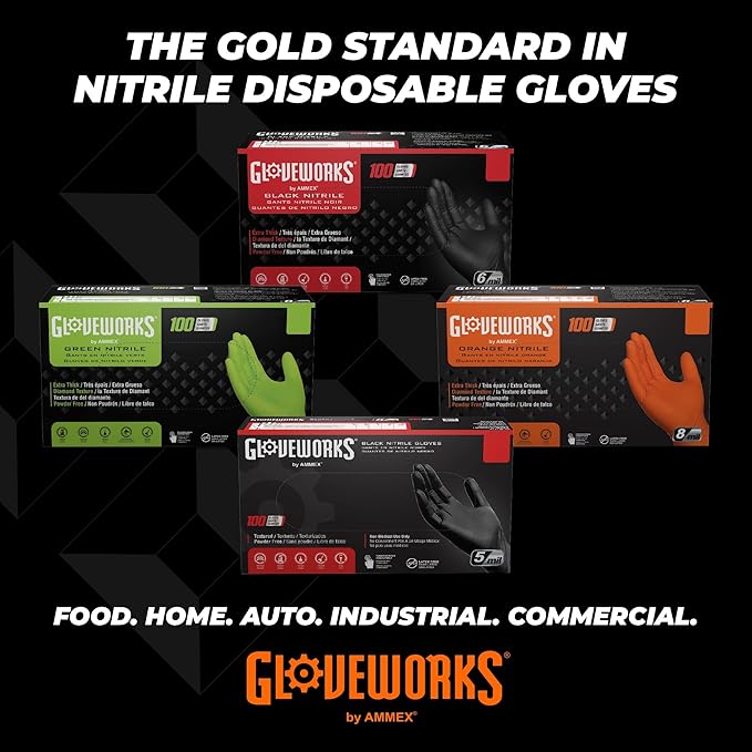 GLOVEWORKS Heavy-Duty Nitrile Gloves, Disposable, Latex Free, 8 Mil, Orange, Diamond Grip Glove