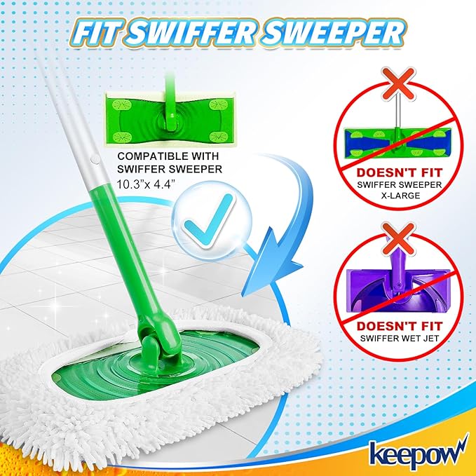 KEEPOW Reusable Microfiber Mop Pads Compatible with Swiffer Sweeper, Dry Sweeping Cloths, Washable Wet Mopping Cloth Refills for Hardwood Floor Cleaning, 4 Pack