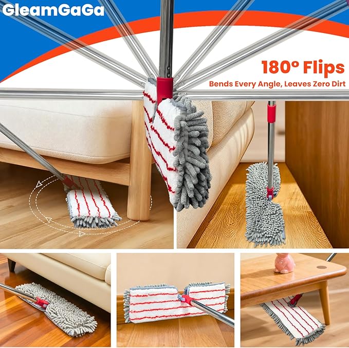 Microfiber Mops for Floor Cleaning, Flat Dust Mop with 4 Washable Pads, Dual-Sided Flip Mop for Wet & Dry Use, Extendable 62’’ Handle with Scraper, Floor Mops for Hardwood,Laminate,Vinyl,Kitchen,Tile
