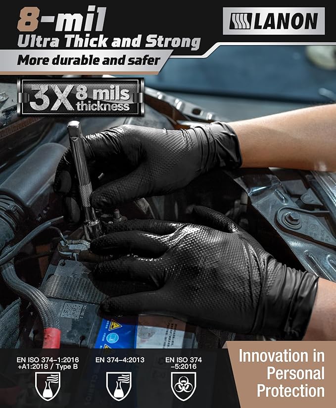 LANON 8 Mil Heavy Duty Black Nitrile Gloves, Food Safe, Latex Free, Mechanic, Fully-Diamond Textured Grip Industrial Disposable Gloves, X-Large