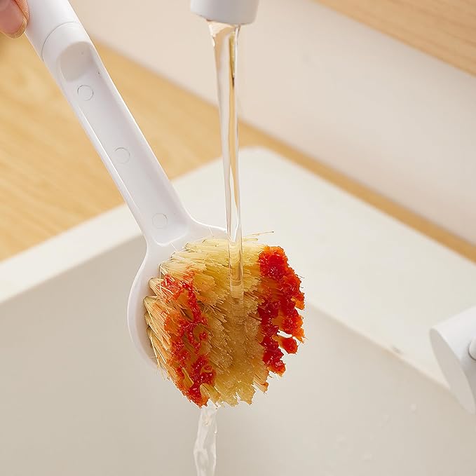 Kitchen Cleaning Brush(Natural Sisal Bristles),Pot Dish Brush Pots Comfortable Long Built-in Scraper Scrub Brush for Pans,Kitchen Sink Cleaning(White