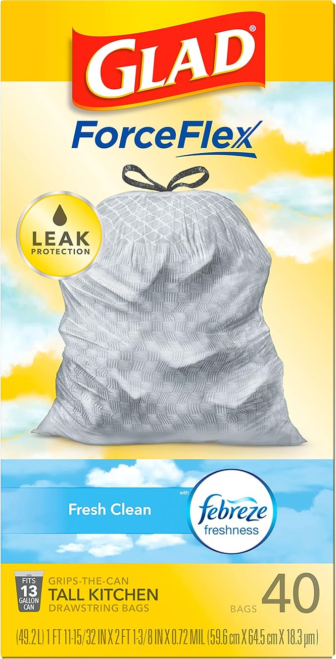 Glad ForceFlex Tall Kitchen Trash Bags, 13 Gallon, Gain Fresh Clean, 40 Count (Package May Vary)