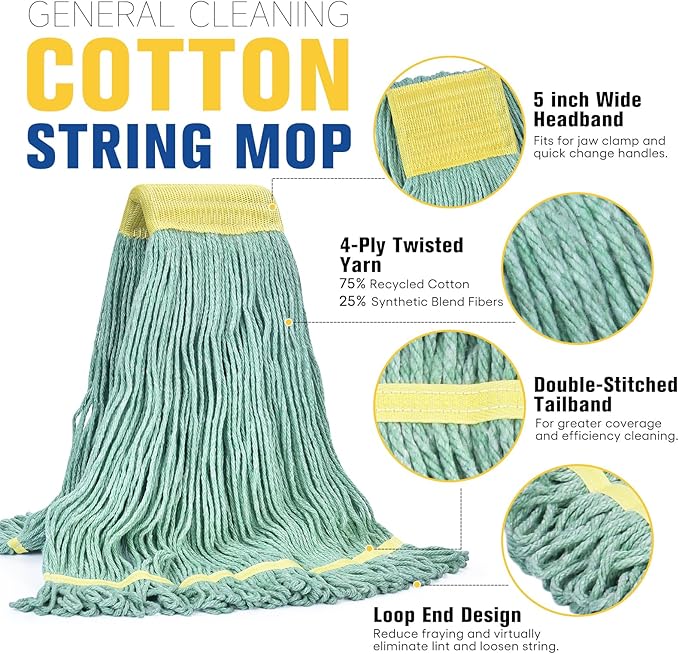 Matthew Cleaning Commercial Mop Head Replacement, 5 Inch Wide Headband, Looped End Cotton Blend String Wet Mops for Floor Cleaning, 24 oz Large, 6-Pack Green