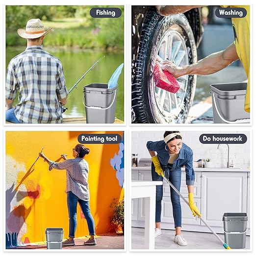 Vesici 6 Pcs 5 Gallon Food Grade Square Buckets with Lids 5 Gal Plastic Food Storage Square Bucket Heavy Duty Industrial Pail Container with DIY Label Stickers Handles for Water Painting(Gray)