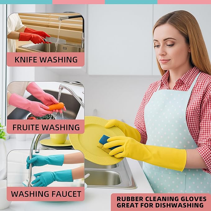 Rubber Cleaning Gloves for Dishwashing-5 Pairs Colorful Reusable Household Cleaning Glove for Washing Dishes and Kitchen Cleaning Non-Slip Grip Dish Gloves for Women Men (Medium)