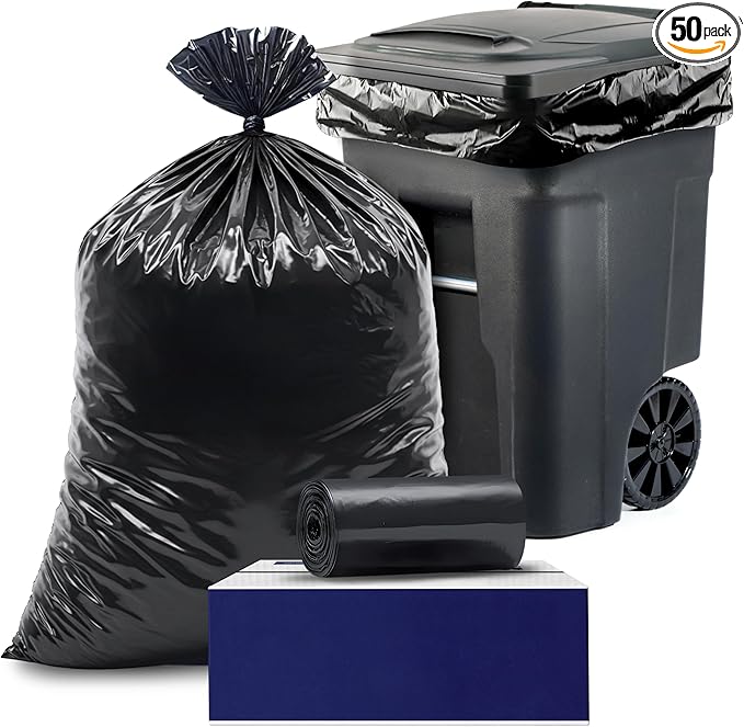 Plasticplace Black Trash Bags (50 Count) – Heavy Duty 64-65 Gallon Garbage Bags, Puncture Resistant, Large Trash Can Liners, Ideal for Toter Cans, Kitchen & Outdoor Use, 50" x 60" 1.5 Mil