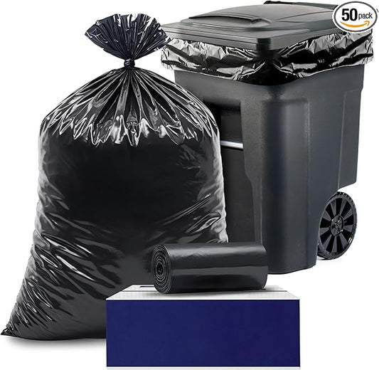 Plasticplace Black Trash Bags (50 Count) – Heavy Duty 64-65 Gallon Garbage Bags, Puncture Resistant, Large Trash Can Liners, Ideal for Toter Cans, Kitchen & Outdoor Use, 50" x 60" 1.5 Mil