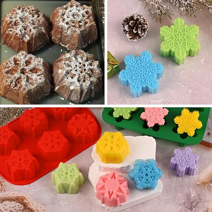HUAKENER 2 Pack Snowflakes Soap Molds, Large Size Christmas Soap Molds, Snowflakes Silicone Mold for Handmade Soap, Mini Cakes, Brownies, Chocolate, Jello