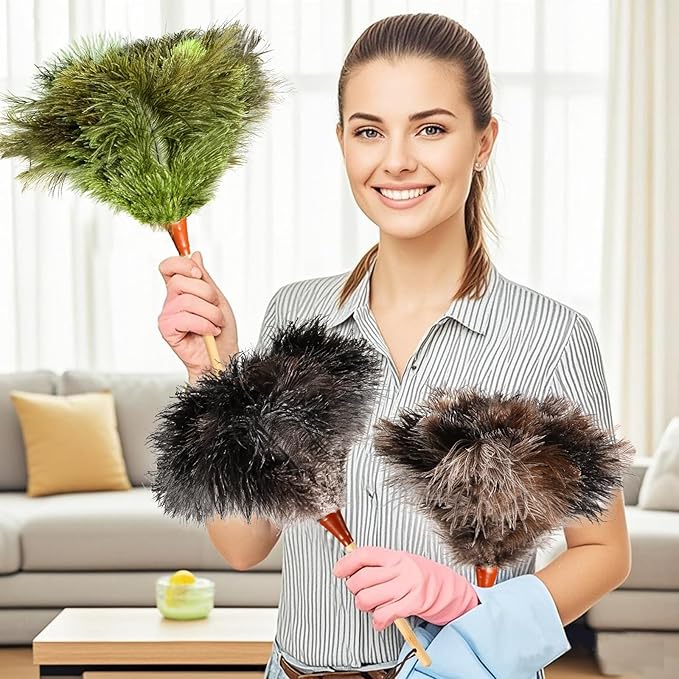 Natural Good Ostrich Feather Duster with Bamboo Handle, Electrostatic Dust Remove for Ceiling，Fans，Bookshelves, Sofa, Windows, Fit for Home, Office and Cars