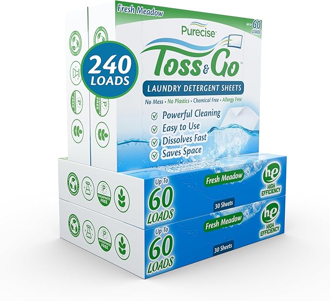 Purecise - Toss & Go - Fresh Meadow Laundry Detergent Sheets - Powerful Clean, No Mess, Fast-Dissolving, No Residue - 240 Loads - 30ct Pack of 4