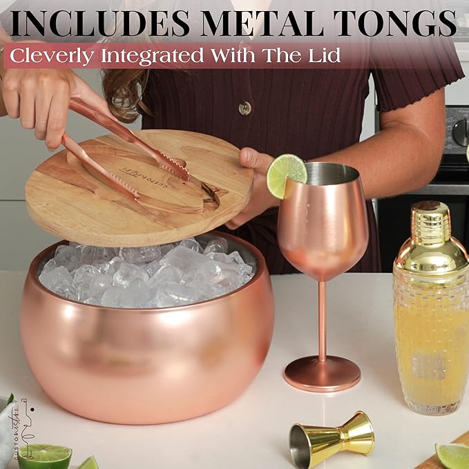 Gusto Nostro 4.1L Insulated Ice Bucket with Lid and Tongs, Double Wall Stainless Steel Ice Bucket Large, BPA Free Ice Bucket for Cocktail Bar, Keeps Champagne, Wine, Beer Chill for Parties (Rose)