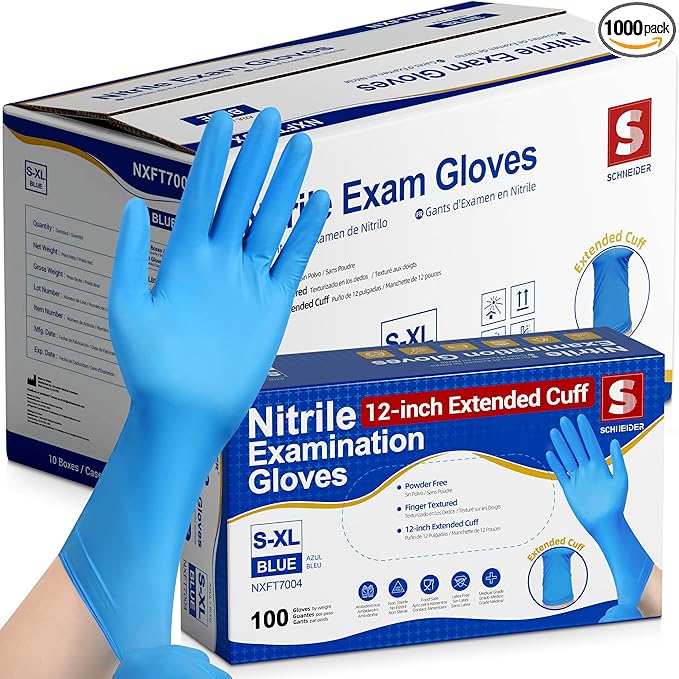 Schneider Nitrile Exam Gloves, Extended 12 Inches Cuff, Small, 4 mil, 1000-ct Box, Gloves Disposable Latex Free, Powder Free for Medical, Food Prep, Cleaning, Cooking, Blue
