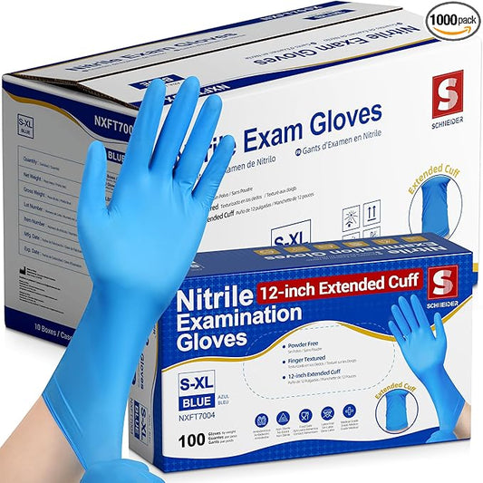 Schneider Nitrile Exam Gloves, Extended 12 Inches Cuff, Large, 4 mil, 1000-ct Box, Gloves Disposable Latex Free, Powder Free for Medical, Food Prep, Cleaning, Cooking, Blue