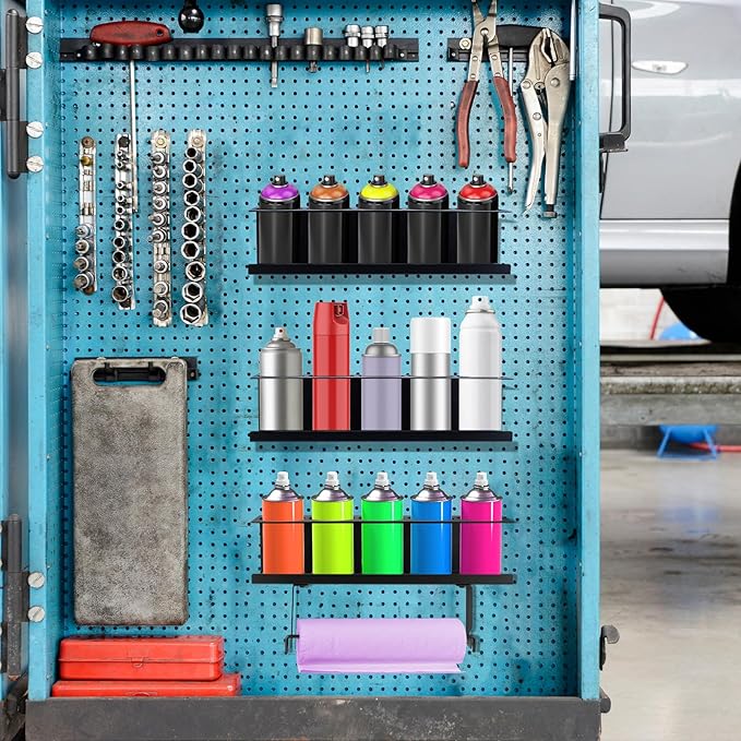 RealPlus Aerosol Spray Can Holder with Paper Towel Holder, 5 Cans Wall-Mounted Heavy-Duty Steel Spray Bottle Holder Rack Organizer for Garage and Workspace, Pack of 3