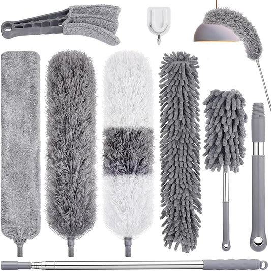 9PCS Dusters for Cleaning,Extendable Microfiber Duster with Extension Pole Up to 100'',Bendable Washable and Reusable Dusters Kit for Ceiling Fans, High Ceilings,Blinds,Furniture and Cars