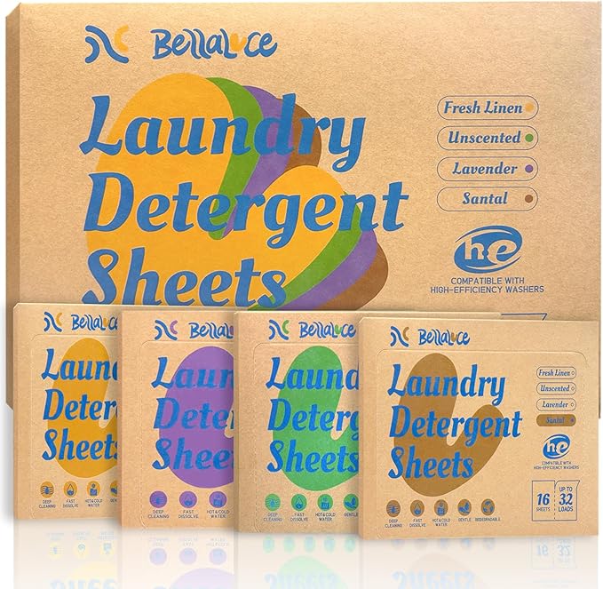 Laundry Detergent Sheets - 4 Scented 128 Loads Travel Laundry Sheets for Dorm,College,Home,Hotel,Apartment,Camping,Ruise,Road Trip,Beach Vacation,Small Space,Family School Travel Essentials