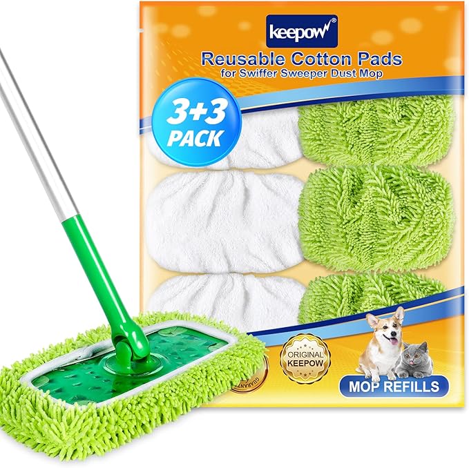 KEEPOW Reusable Dry Sweeping/Wet Mopping Cloths Compatible with Swiffer Sweeper, Washable Microfiber Mop Pads Refills for Hard-Surface/Hardwood Floor Cleaning, 6-Pack (Mop is Not Included)