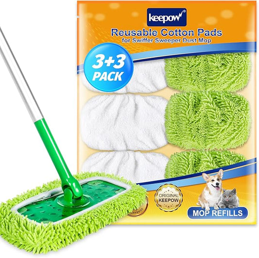 KEEPOW Reusable Dry Sweeping/Wet Mopping Cloths Compatible with Swiffer Sweeper, Washable Microfiber Mop Pads Refills for Hard-Surface/Hardwood Floor Cleaning, 6-Pack (Mop is Not Included)