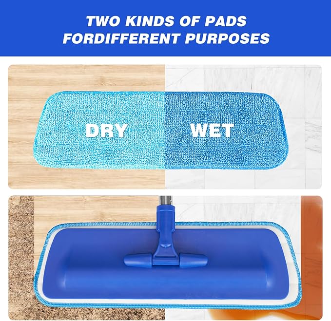 17.5" Professional Microfiber Floor Cleaning Mop, Flat Mop with Stainless Steel Handle, 2 Reusable Washable Pads, Wet and Dust Mopping for Hardwood, Vinyl, Laminate, Tile Cleaning (Blue)