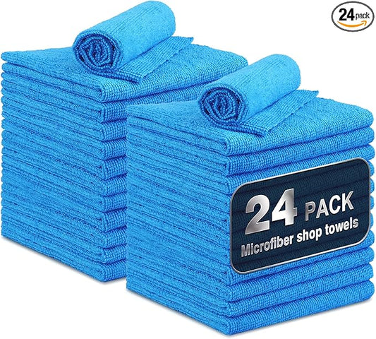 Shop Towels, 24 Pack Commercial Grade Shops Rags Microfiber Towel for Cars Cleaning Rags Bulk Clean Cloth for Automotive Bar Mechanic Restaurant Garage Housekeeping, 11.5"x 11.5", Blue