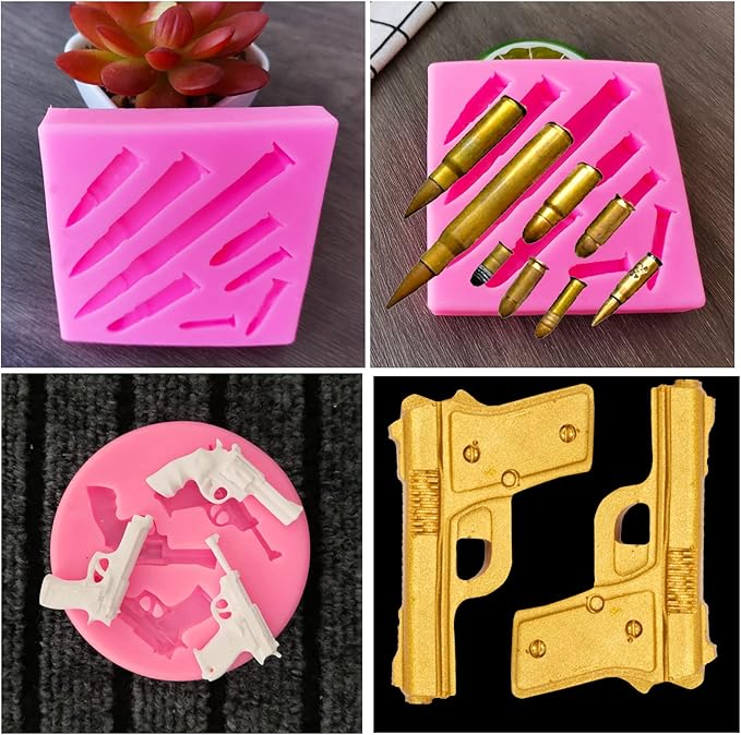 Gun Silicone Molds 3D Bullet & Pistol Shaped For Cake Decorating, Candy, Chocolate, DIY, Gummy, Desserts, Crafting, Cupcake Topper (5 Pcs)