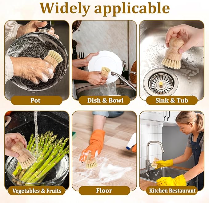6 Packs Bamboo Dish Scrub Brushes Wok Brush Dish Scrubber Brush Kitchen Dishwashing Scrubber with Natural Bristles Bamboo Scrub Brush for Cleaning Pans, Pots, Sink