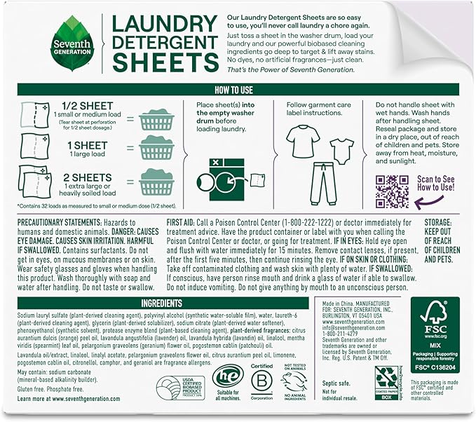 Seventh Generation Laundry Detergent Sheets, Up to 64 Loads, Fresh Lavender Scent, Removes Tough Stains, 0% Dyes and Artificial Fragrances, Safer for your family