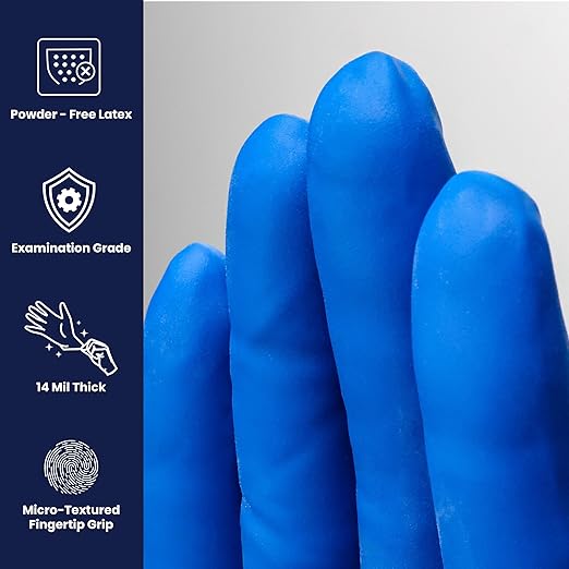 Adenna HERO Disposable Latex Gloves - 14 Mil, NFPA-Approved Heavy Duty Glove with 12" Extended Cuff & Micro-Textured Grip, Exam Grade, Powder Free, Case of 500, Large, Blue