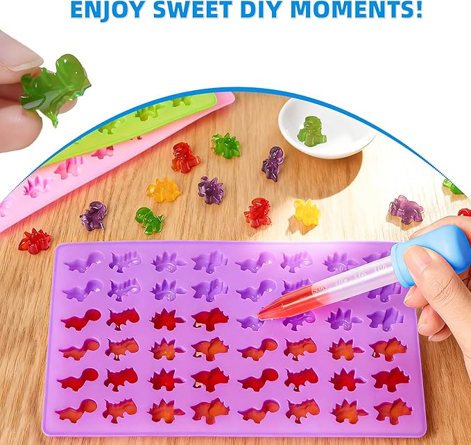 Dinosaur Silicone Molds 4 PCS, Non-stick Mini Size Candy Gummy Molds with 2 Droppers, BPA Free Food Grade Silicone Molds, Chocolate Molds