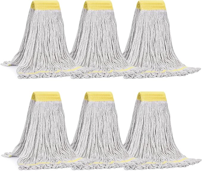 Matthew Cleaning Commercial Mop Head Replacement, 5 Inch Wide Headband, Looped End Cotton Blend String Wet Mops for Floor Cleaning, 24 oz Large, 6-Pack White