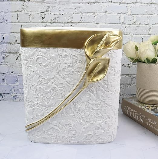 Hymmah Bathroom Trash Can 1.8 Gallon(7 Liter) Small Kitchen Garbage Can,Decor Wastebasket for Bedroom Office,Resin Hand-Carved Colla Lotus White&Gold