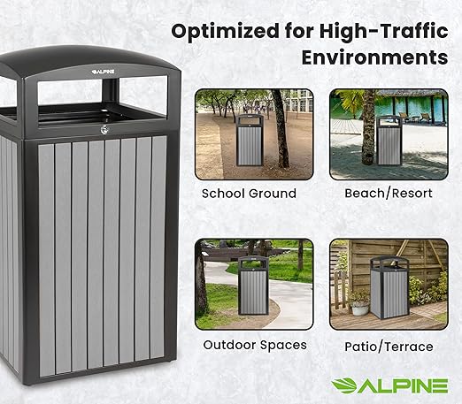 Alpine 40 Gallon Commercial Outdoor Trash Can with Lid - Modern Heavy Duty Large Outdoor Garbage Can with Durable Plastic Bin, Slatted Recycled Plastic Panels for Patio, Parks, Trails & Resorts (Grey)