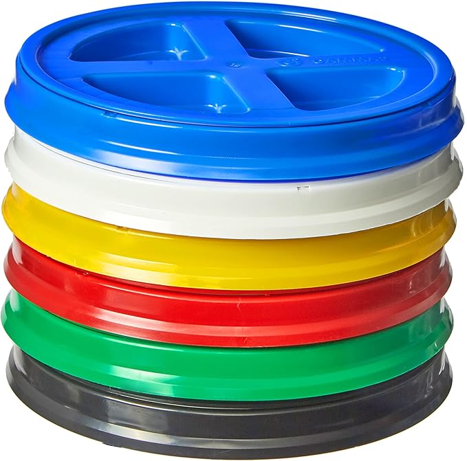 Gamma Seal Lids for 3.5, 5, 6 and 7 Gallon Buckets – Combo of 6 colors – Food Grade BPA Free Reusable Lids, Made in USA