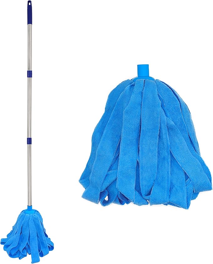 Stainless Steel Mop with Two Blue Microfiber Heads (1 Pole & 2 Heads)