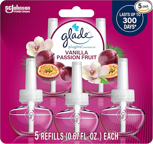 Glade PlugIns Refills Air Freshener, Scented and Essential Oils for Home and Bathroom, Vanilla Passion Fruit, 3.35 Fl Oz, 5 Count
