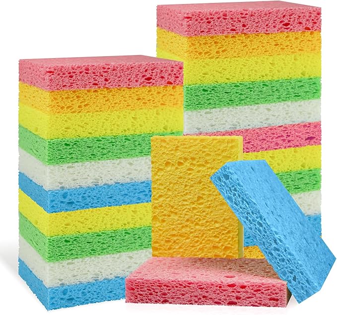 Non-Scratch Kitchen Sponges 24 PCS | Compressed Cellulose Sponges | Natural Biodegradable Sponge for Kitchen Dishes Bathroom Cars | DIY Cut-Outs for Kids