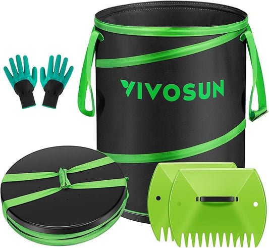 VIVOSUN Collapsible Trash Can 40-Gallon, Reusable Pop-Up Garden Bag with Hard-Shell Bottom, Leaf Scoops and Gloves, Yard Waste Container for Lawn Care and Camping