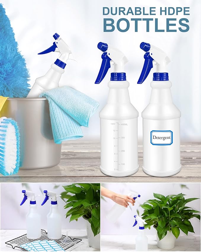 Eccliy 20 Pack 16oz Empty Spray Bottles, Leakproof Cleaning Bottles with Measurement and Adjustable Nozzle for Housekeeping, Commercial Use(Cylinder,Blue Spray Head)